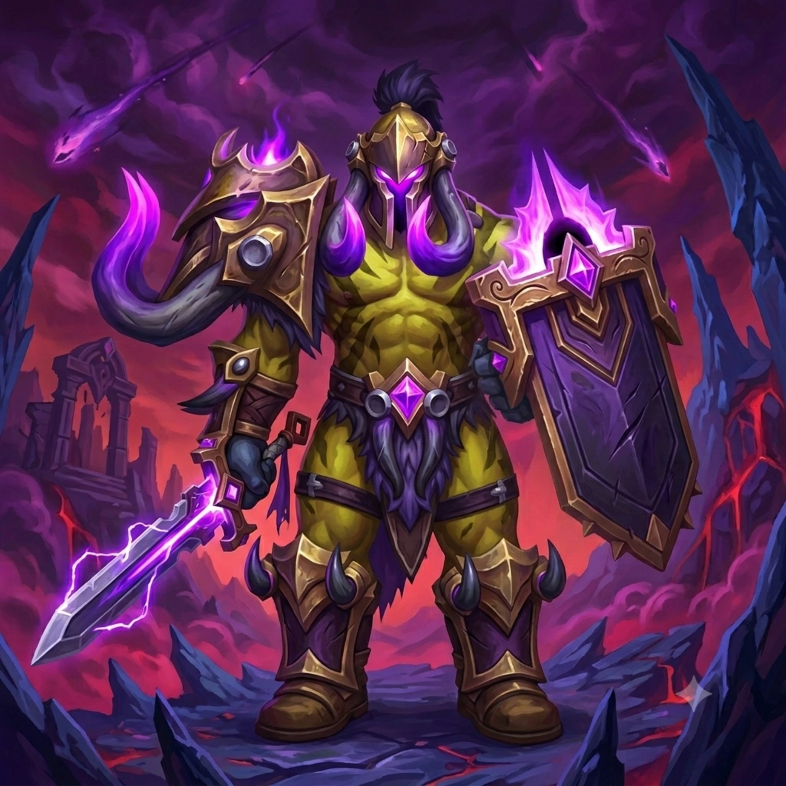 JamieKaos orc warrior artwork with purple void-themed armor and shield