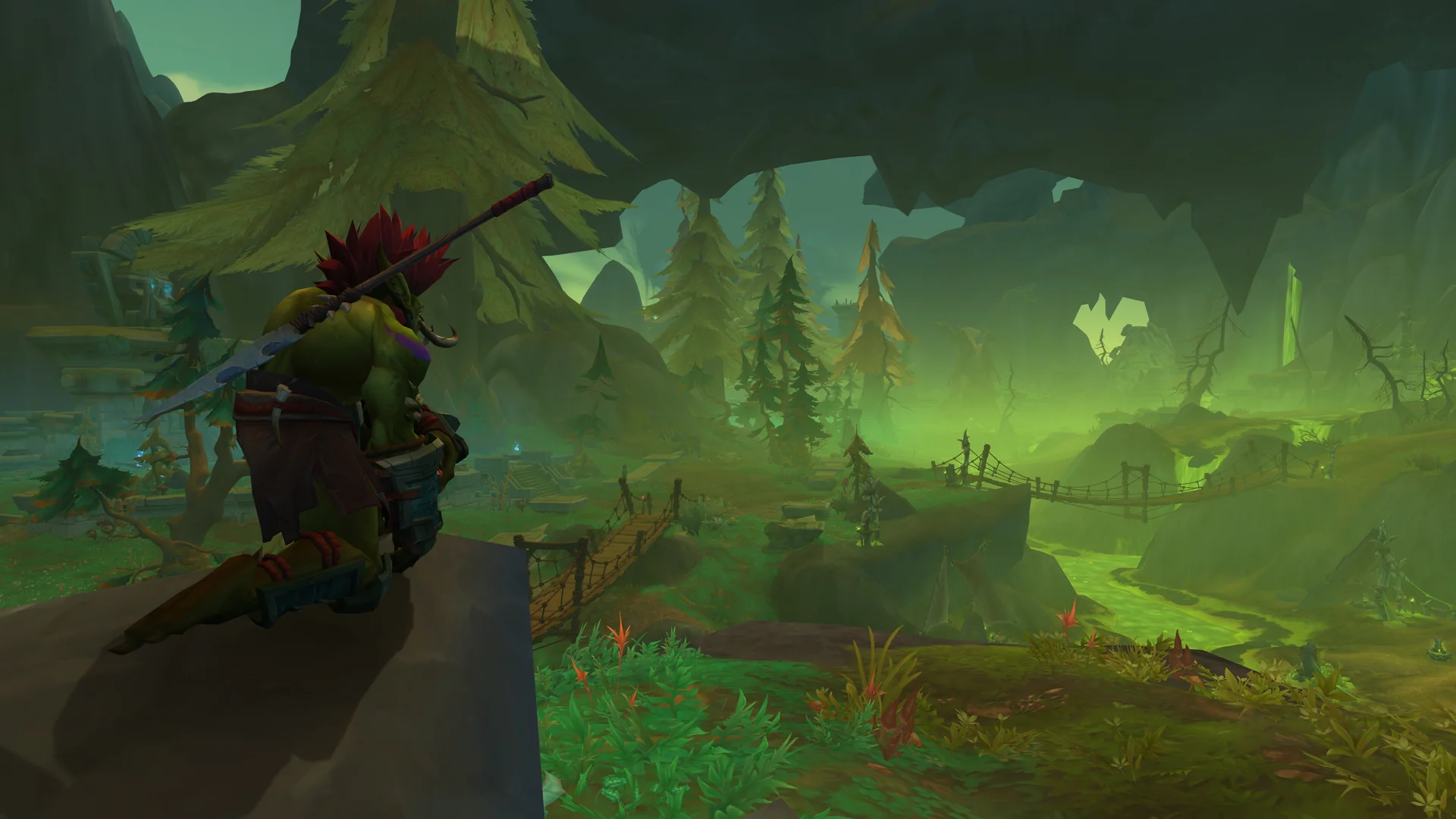 A character overlooks the corrupted green landscape of the Coiled Isle in World of Warcraft Midnight Patch 12.1