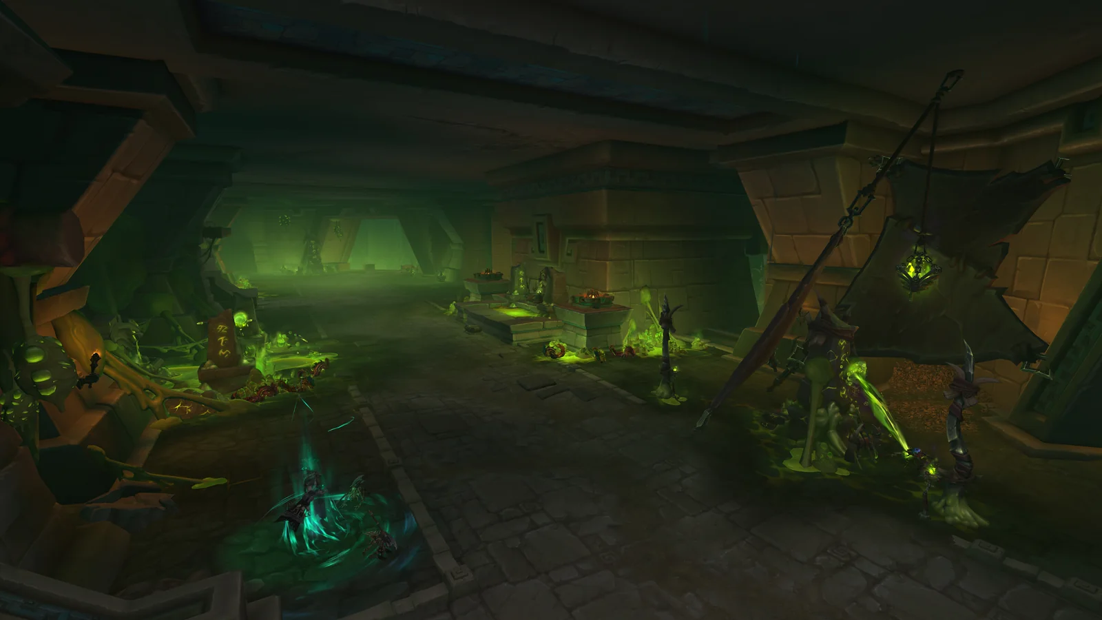 The underground Vaults of Atal'Utek glow with green corruption beneath the Coiled Isle
