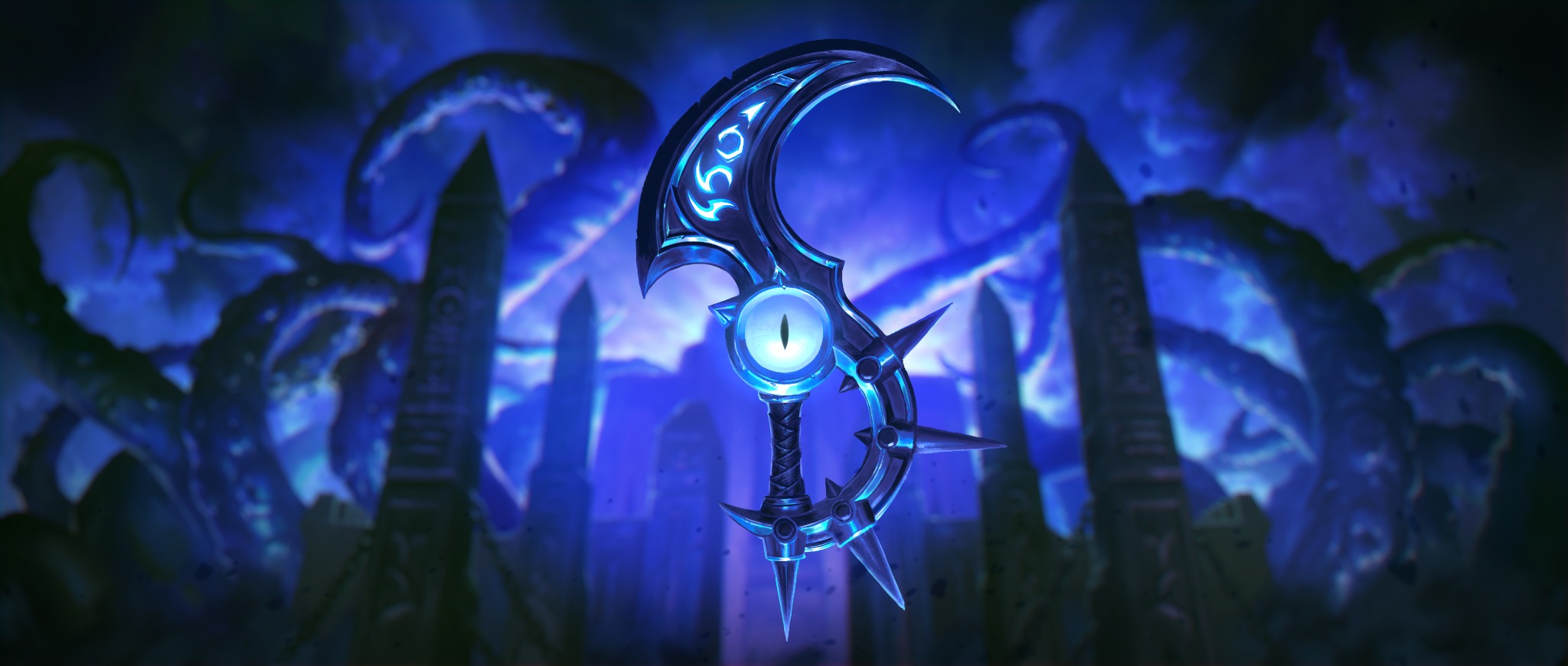 Official World of Warcraft artwork featuring a Void weapon above ominous ruins and tentacles